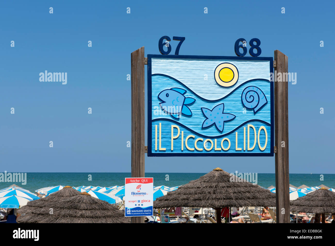 Sign, Il Piccolo Lido, no. 67, 68, lido, beach, Senigallia, Province of Ancona, Marche, Italy Stock Photo