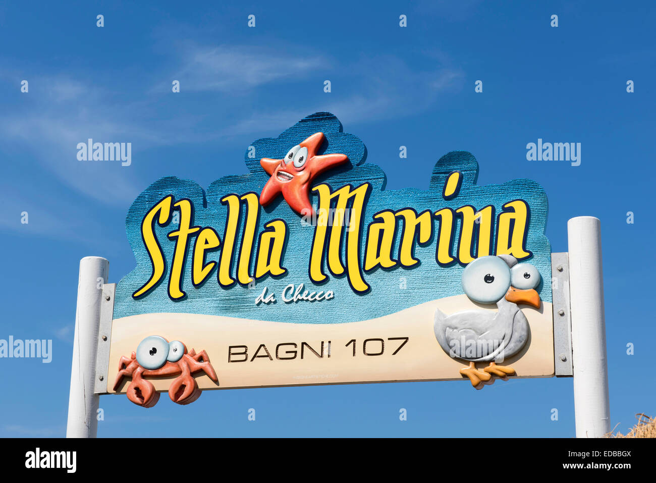 Shield, Stella Marina, Bagni 107, lido, beach, Senigallia, Province of Ancona, Marche, Italy Stock Photo
