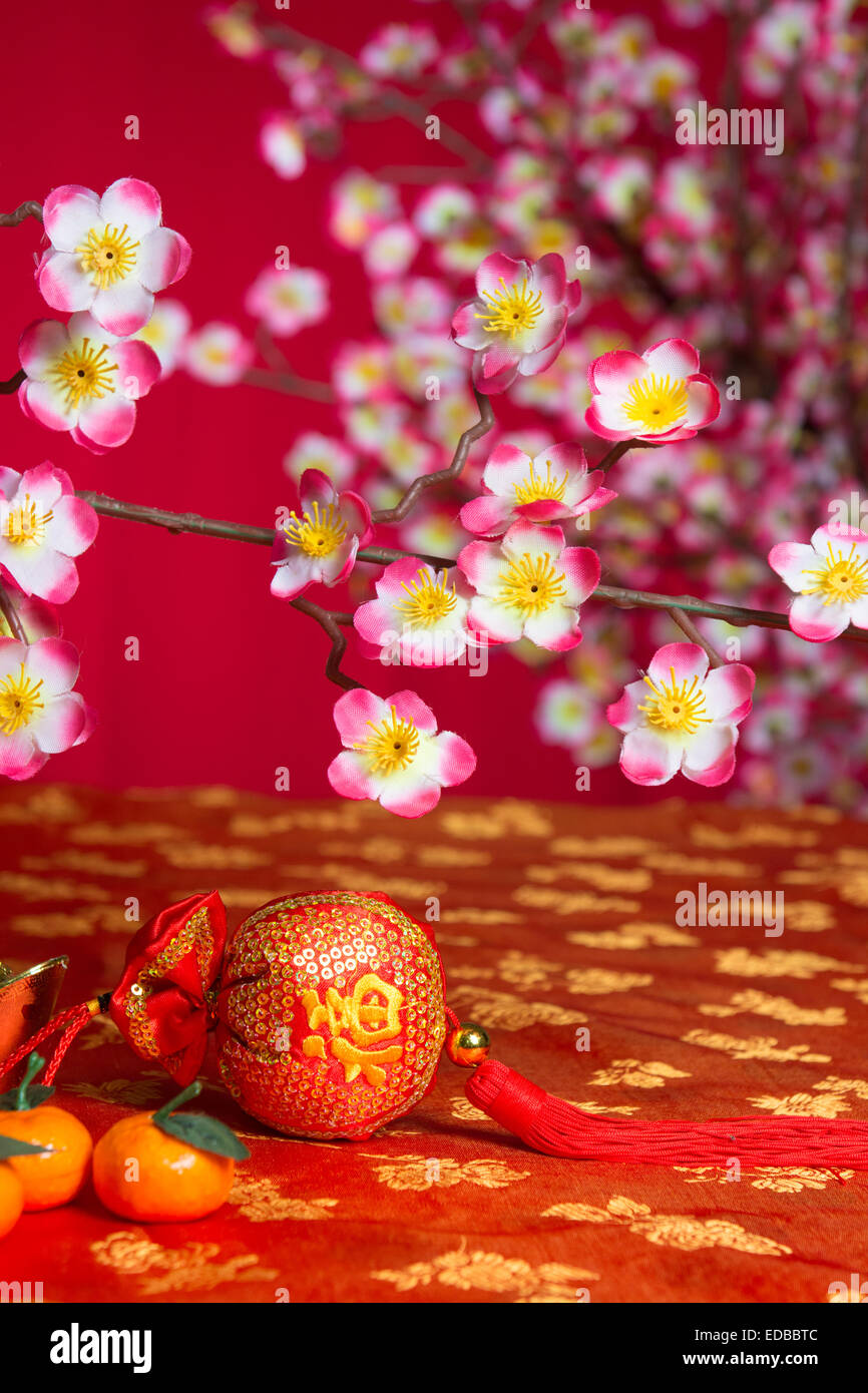 Chinese New Year Decorations On Cherry Blossom Tree Stock Photo Alamy