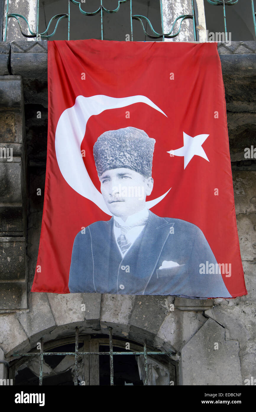 Turkish flag with the image of Mustafa Kemal Atatürk, Turkey Stock Photo