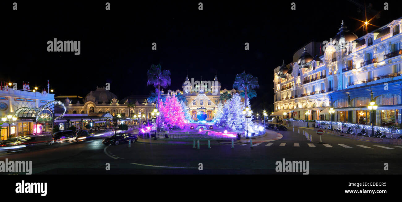 Place the Monte-Carlo Casino with Casino, Hotel de Paris and the Café de Paris at Christmas time with illuminated Christmas Stock Photo