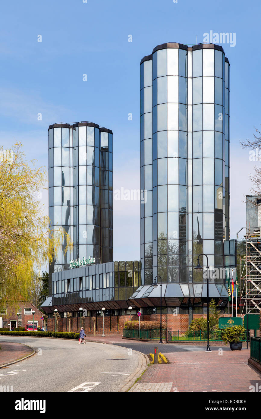 Mirrored glass towers, Friesian brewhouse, Jever, Frisia, Lower Saxony, Germany Stock Photo