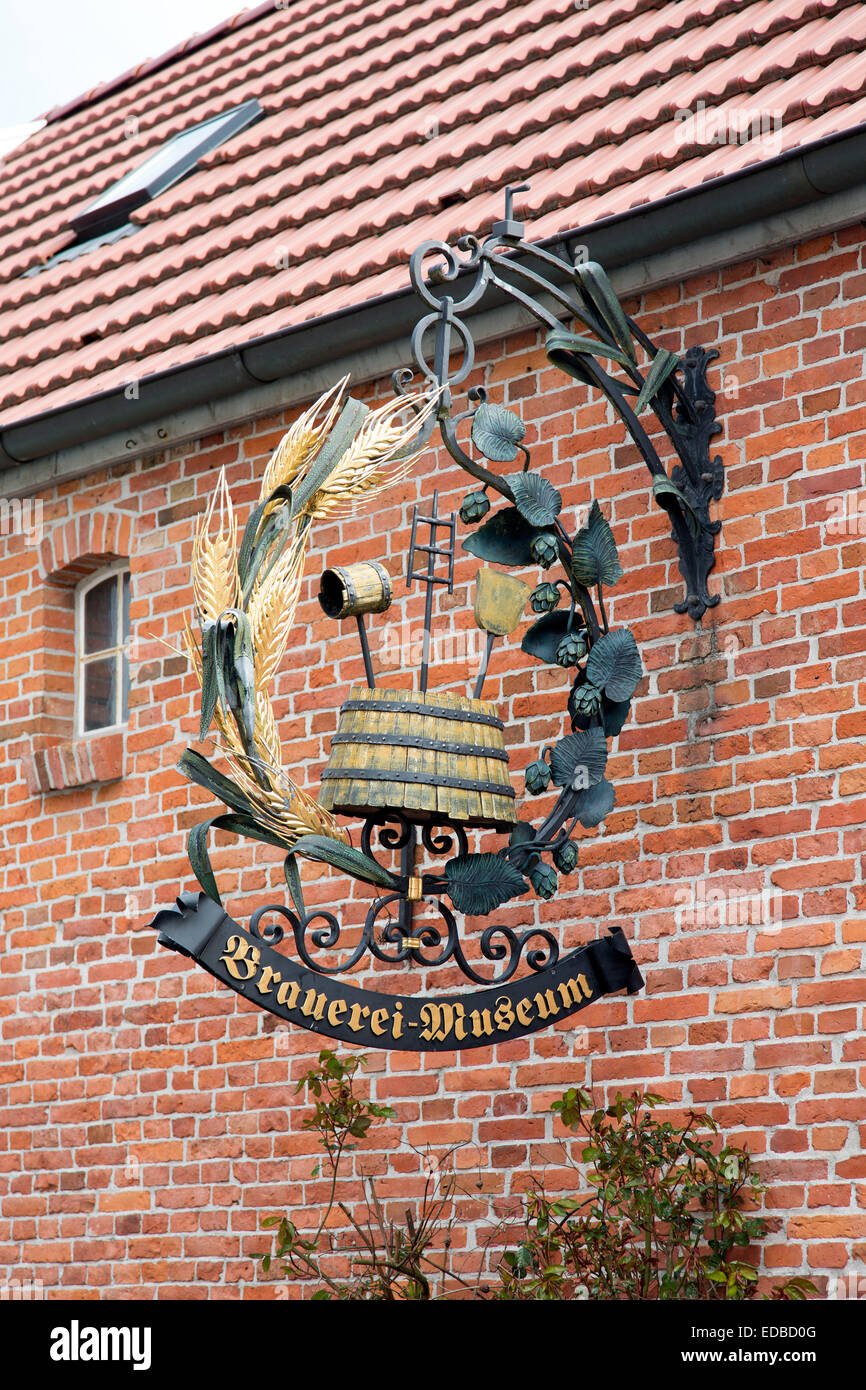 Handcrafted hanging sign of the Brewery Museum, Friesian brewhouse, Jever, Frisia, Lower Saxony, Germany Stock Photo