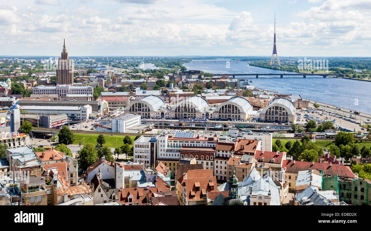 View from St. Peter's Church on the historic centre with Riga Central Market, Academy of Sciences, TV Tower and the Daugava Stock Photo