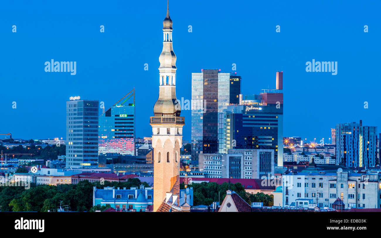 View from Toompea Hill on the Lower Town, old town, the Town Hall and the financial district in the blue hour, Tallinn, Estonia Stock Photo