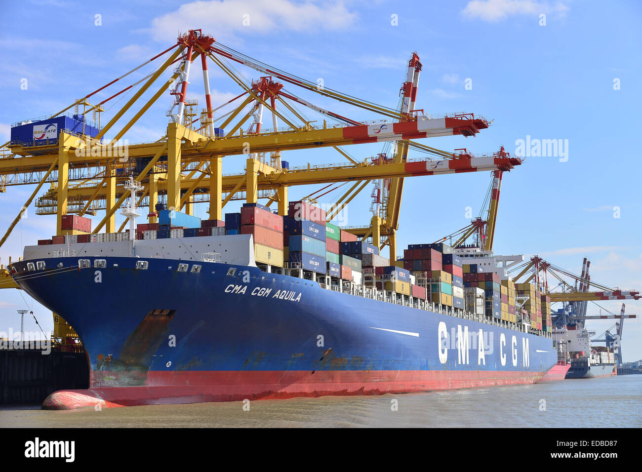 Container ship and gantry cranes, Stromkaje quay, Wilhelm Kaisen
