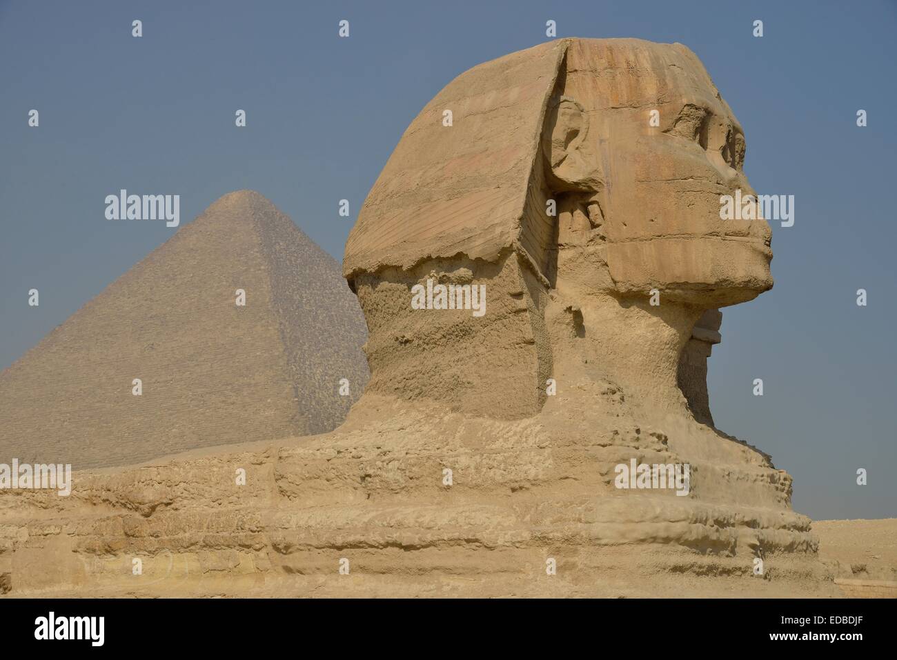 Sphinx or Great Sphinx of Giza, lion with a human head, built in the 4th Egyptian dynasty around 2700 BC, in front of the Stock Photo