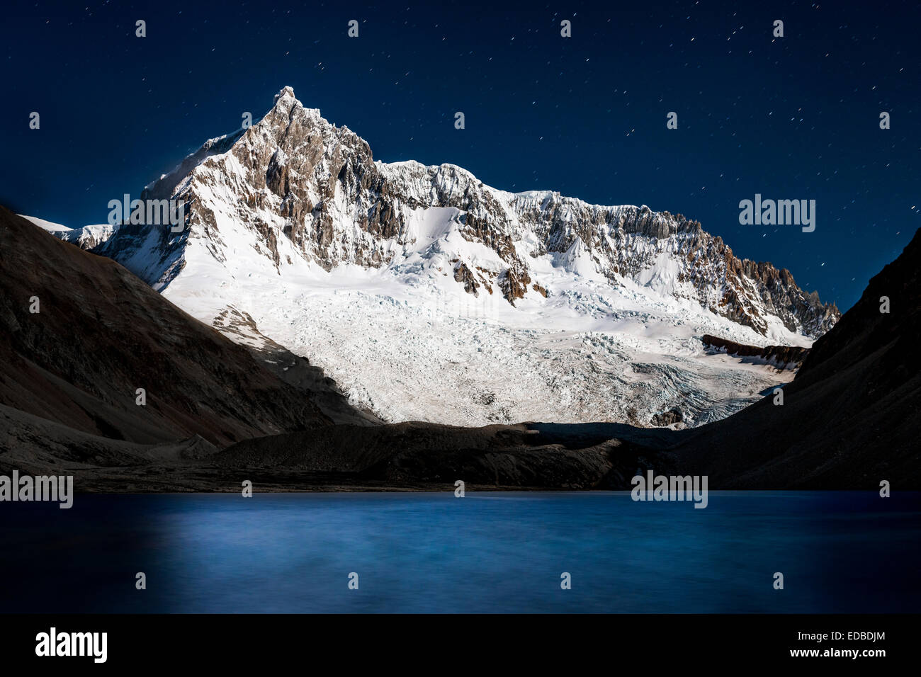 Mountain glaciers and a lake, at night, Perito Moreno National Park, Patagonia, Argentina Stock Photo