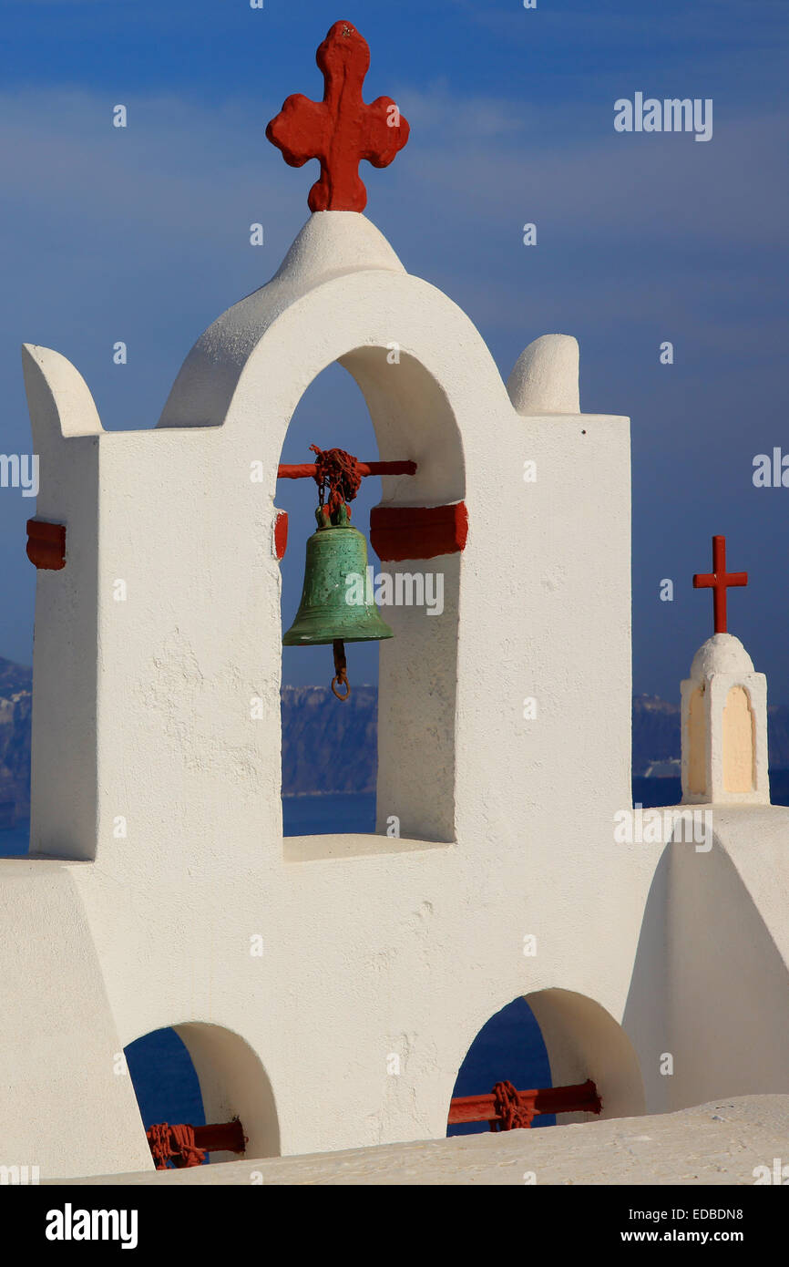 Bell Tower, Cross painted red, Oia, Santorini, Cyclades, Aegean Sea, Greece Stock Photo