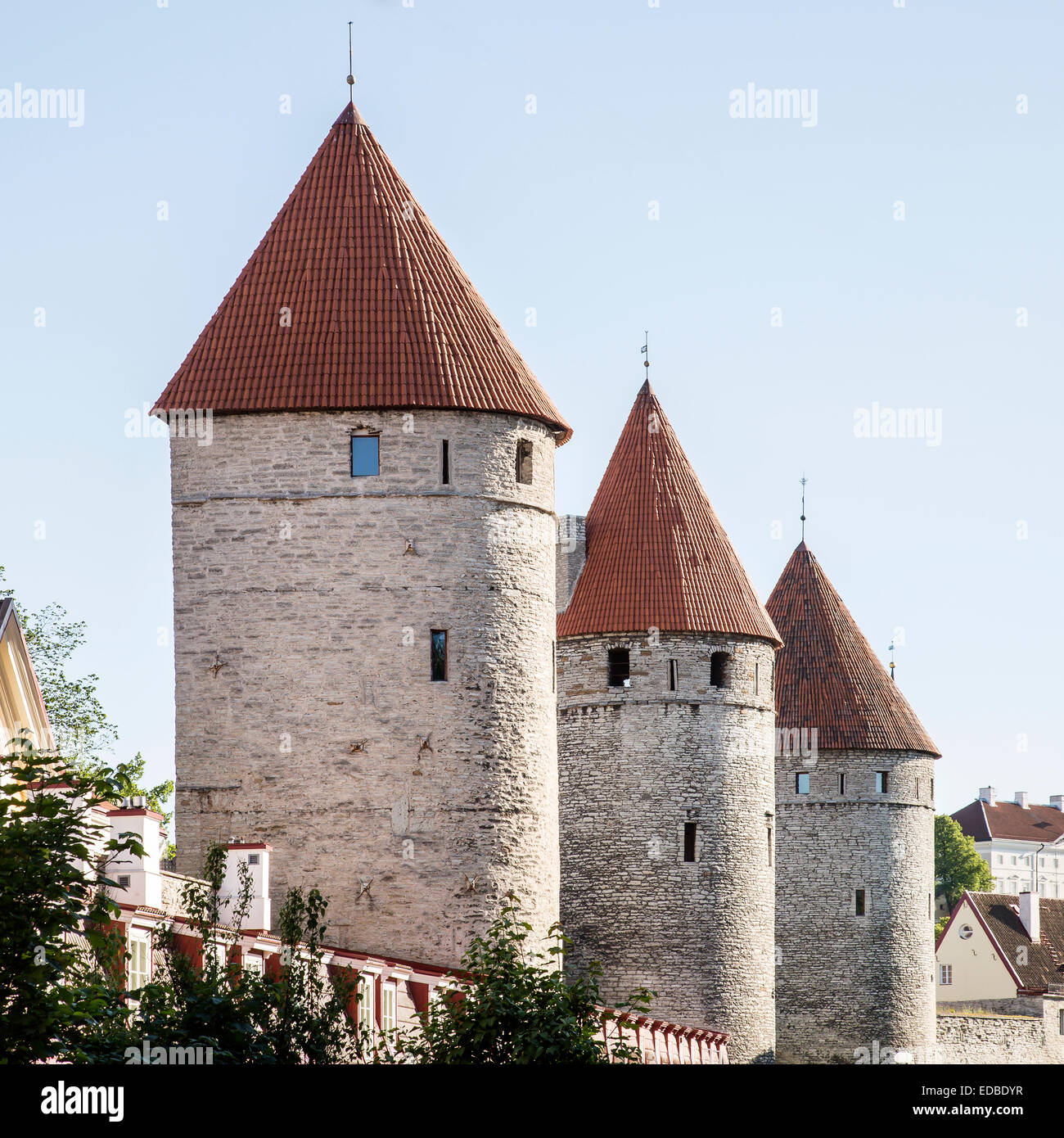 City wall with wall towers on the square of the towers, Tallinn, Estonia Stock Photo