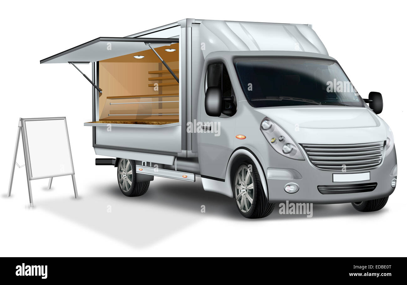 Sales van, food truck with board, illustration Stock Photo - Alamy
