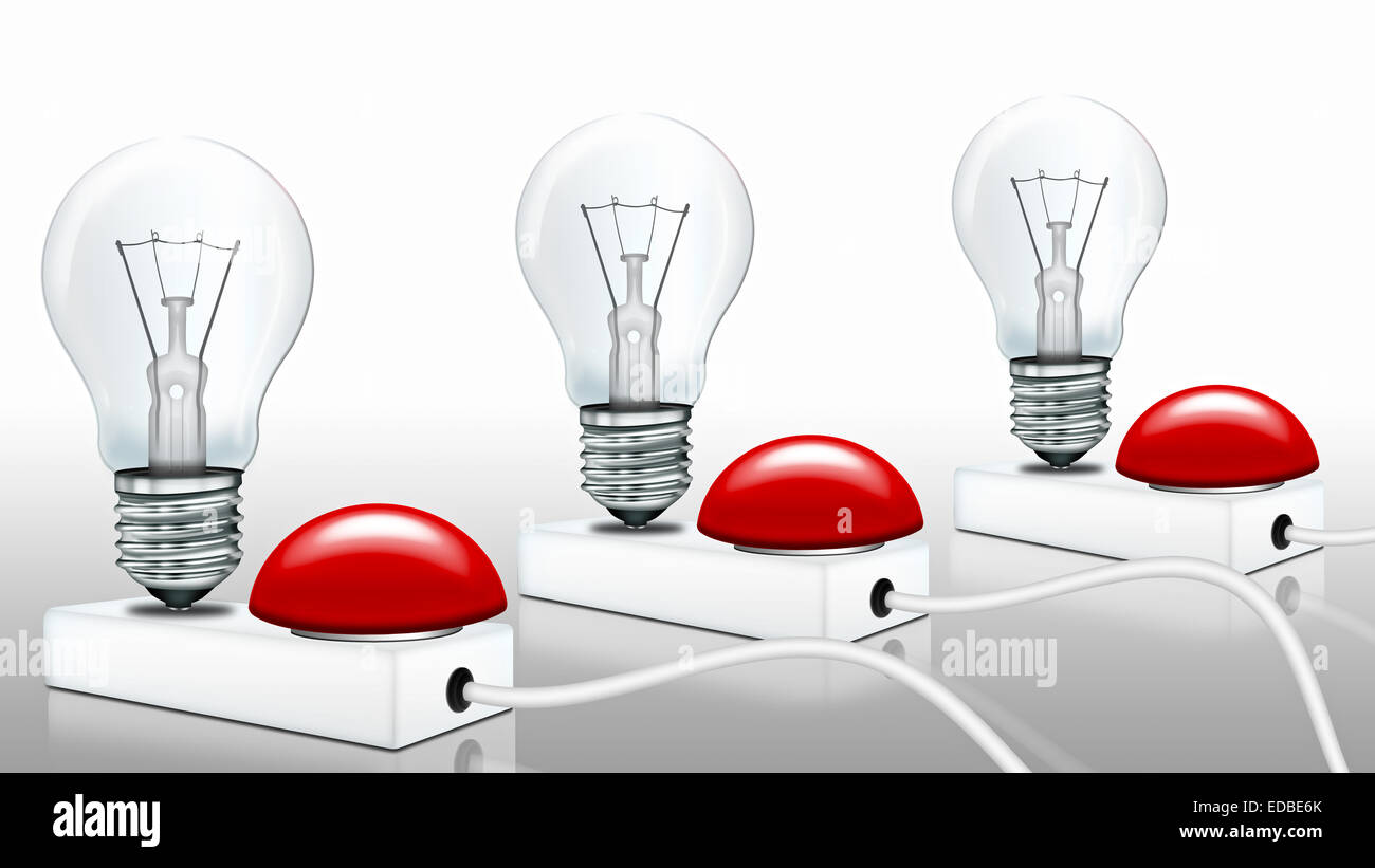 Light bulbs with an emergency switch, quiz game, illustration Stock Photo