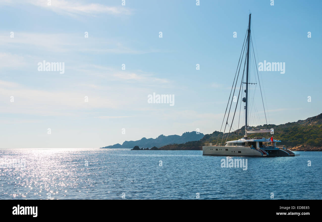 Sailing yacht, catamaran, sailing boat in the sea off Bonifacio, Corsica, France Stock Photo