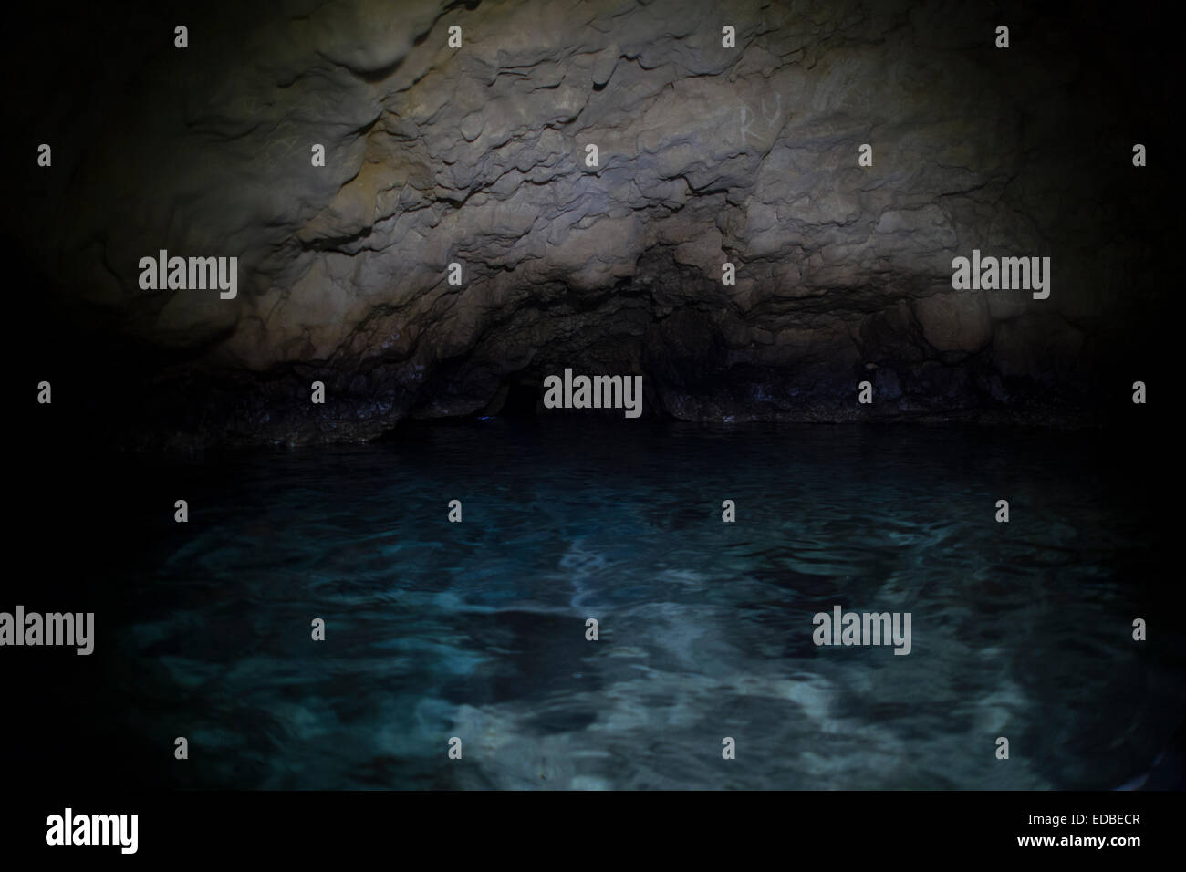 Underwater caves system in the Mediterranean Sea in Anchor Bay, Malta. Stock Photo