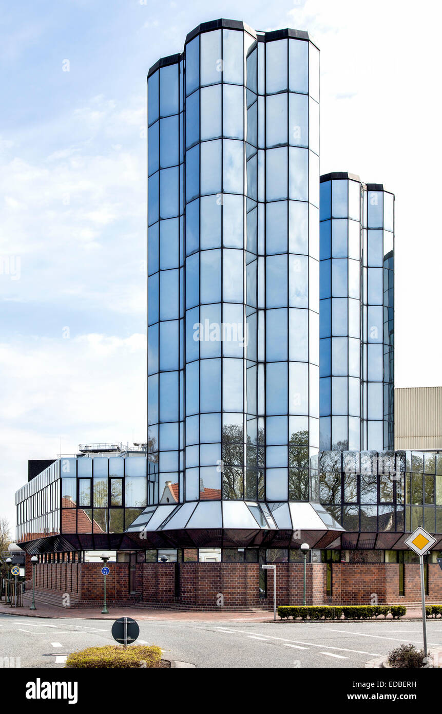 Mirrored glass towers, Friesian brewhouse, Jever, Frisia, Lower Saxony, Germany Stock Photo