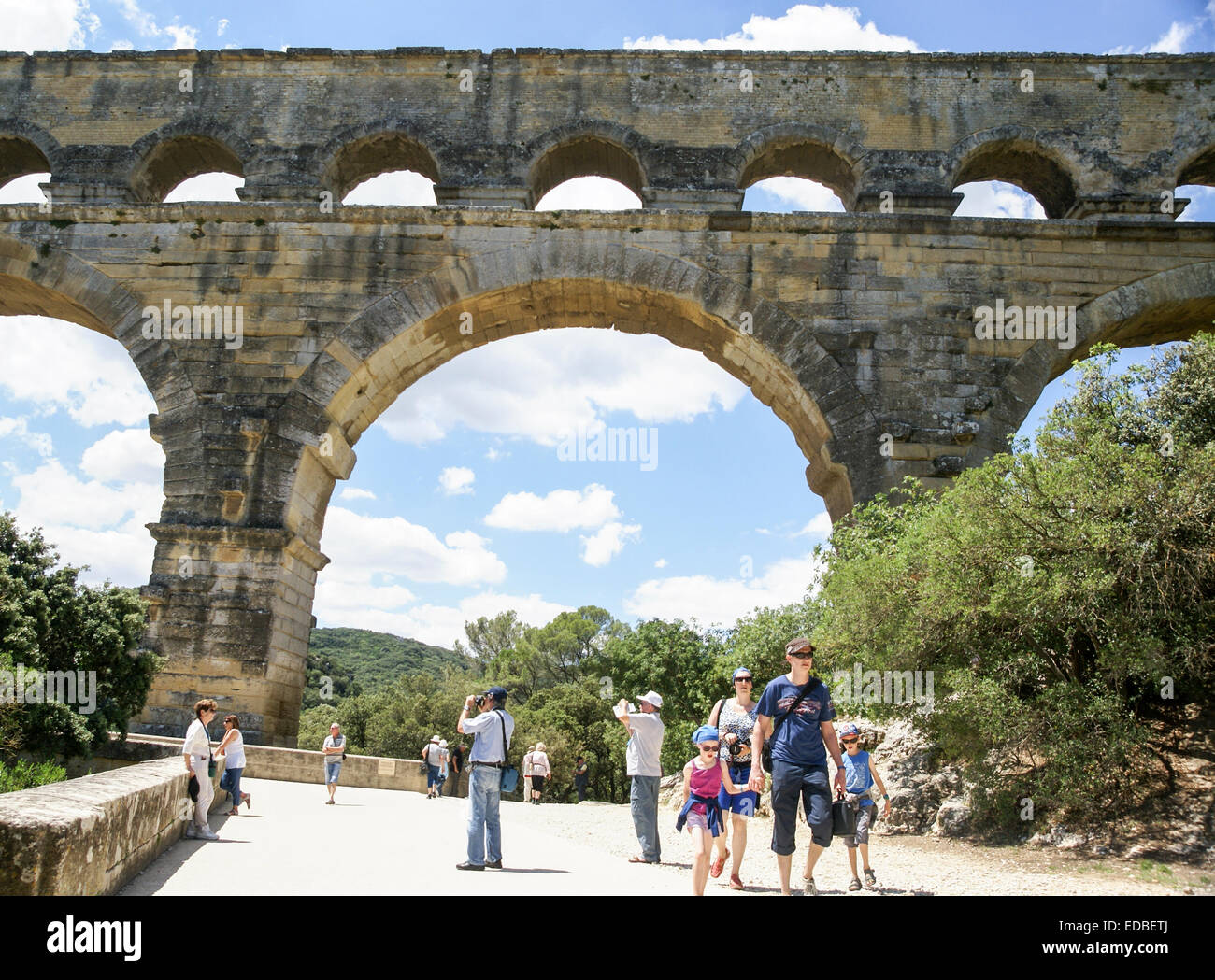 The Roman Aqueduct over the Gardon River, Pont du Gard, Provence, France Stock Photo