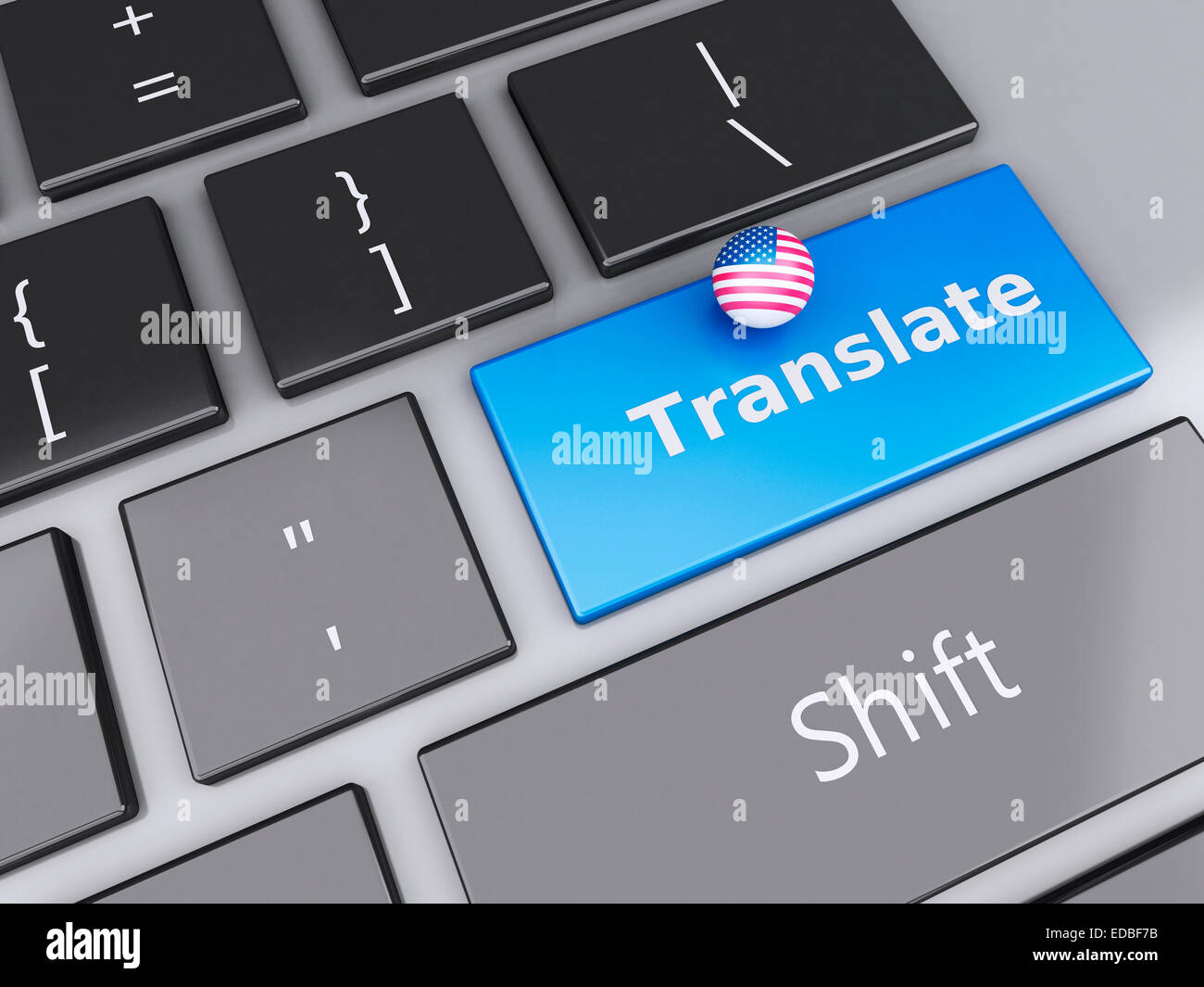 3d renderer illustration. English translation button on Computer ...