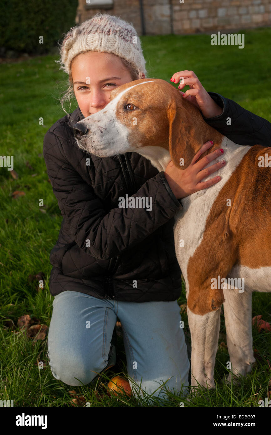 Portrait of an attractive girl with fox hound dog Stock Photo