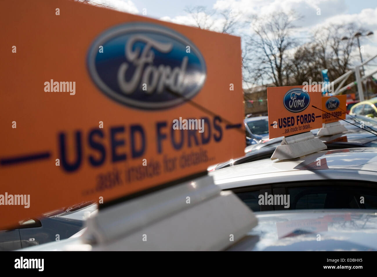 A selection of used Ford motor cars for sale at a dealership in