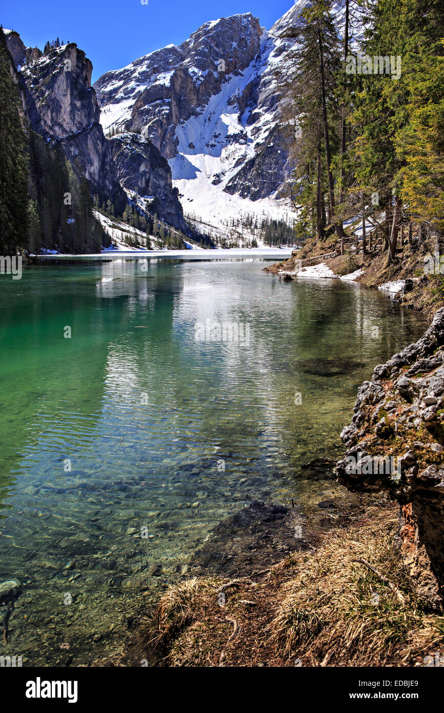 Lago di Braies alias Pragser Wildsee in South Tirol, Italy Stock Photo