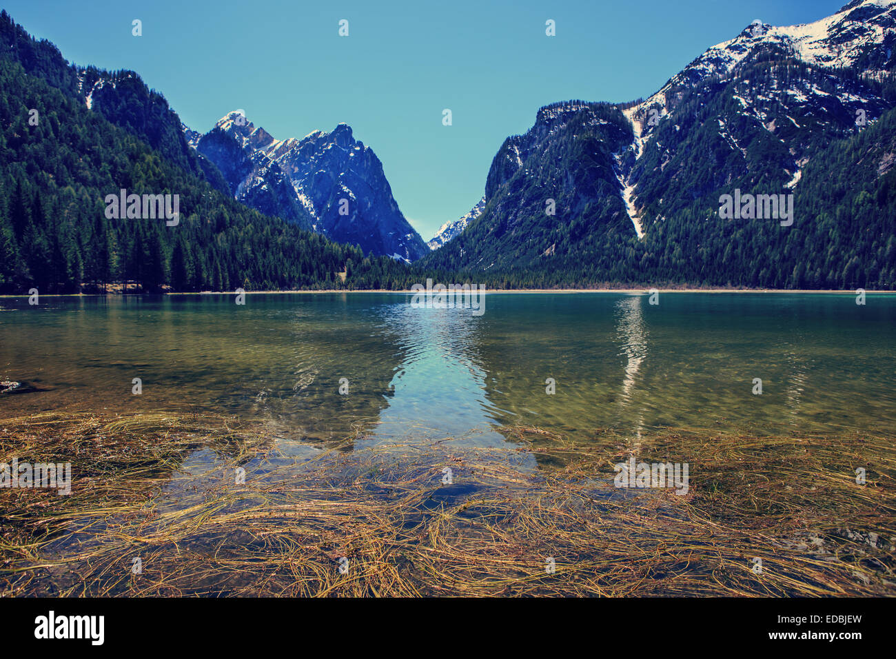 Lago di Dobbiaco alias Toblacher See in Dolomite Alps, South Tirol, Italy Stock Photo