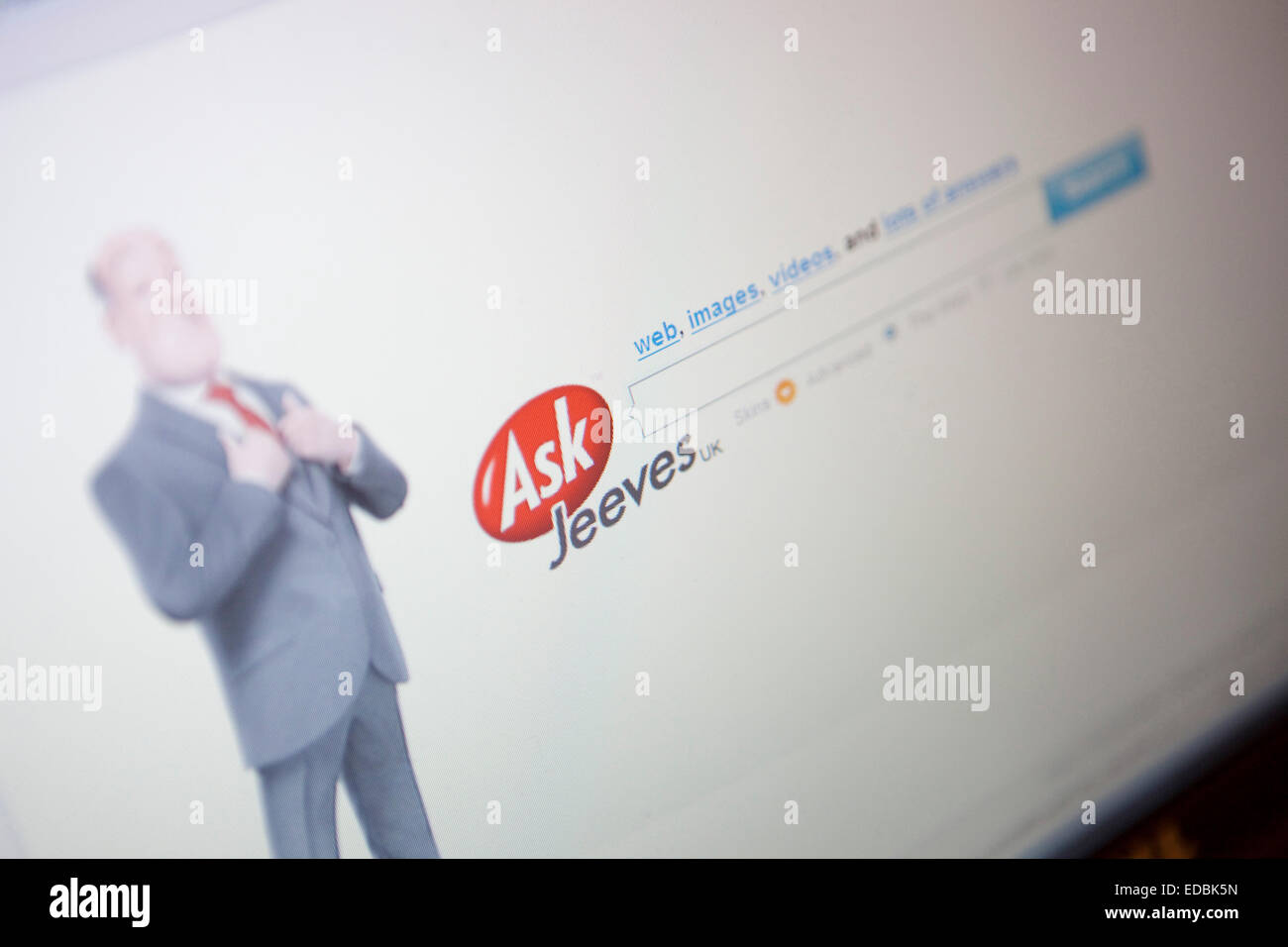 Illustrative image of the Ask.com search engine website, with the recently re-introduced Jeeves. Stock Photo