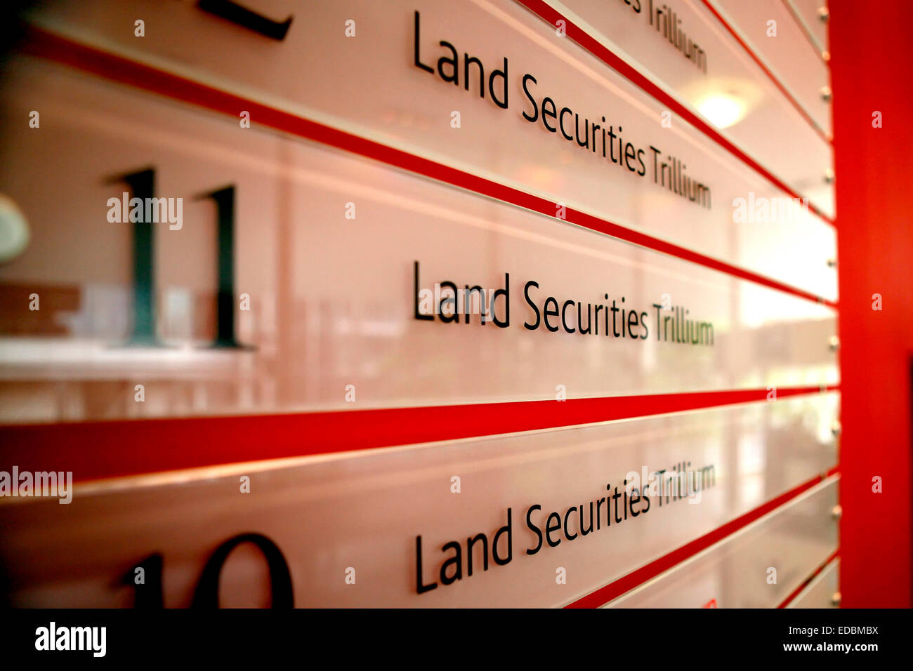 Signs inside the Land Securities ofiices on London Wall, London. Stock Photo