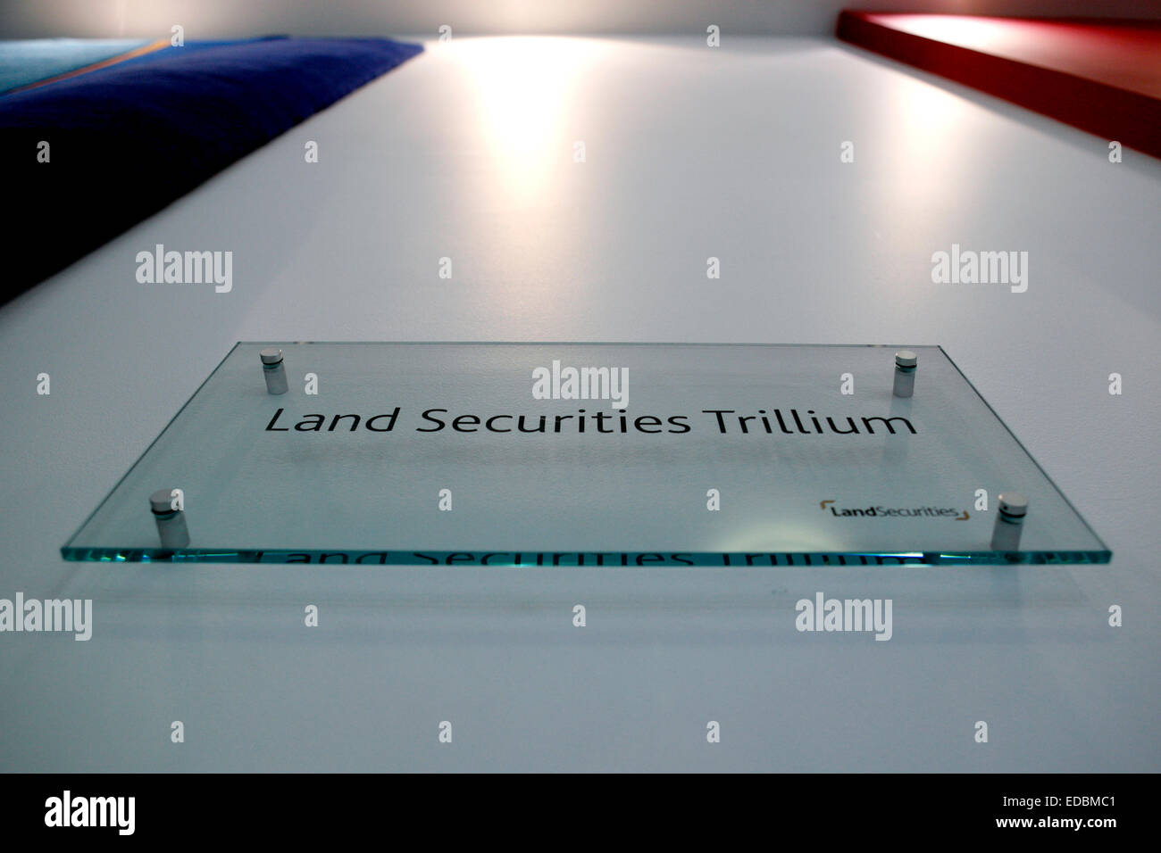 Signs inside the Land Securities ofiices on London Wall, London. Stock Photo