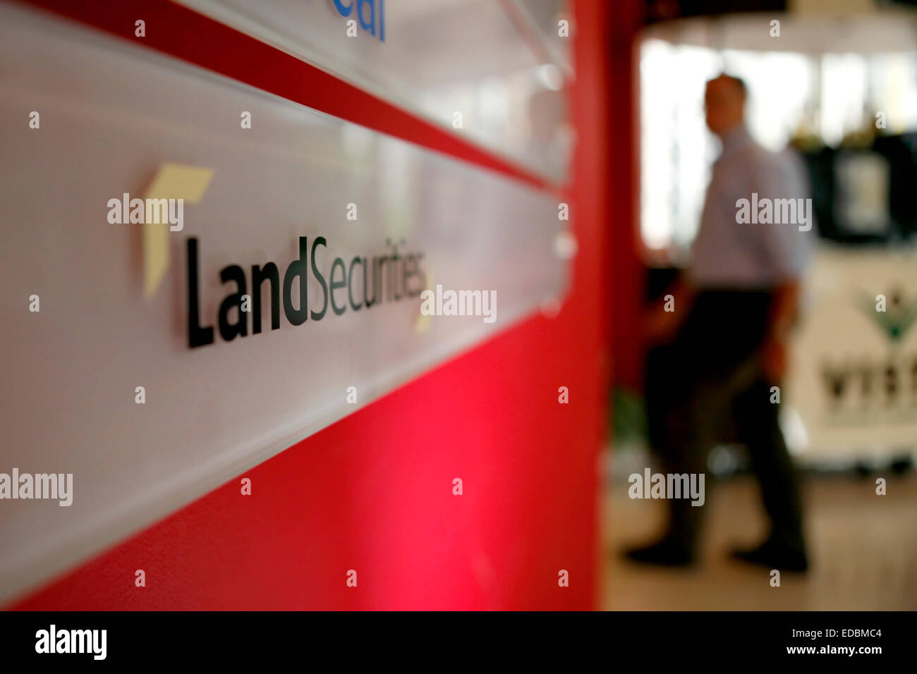 Signs inside the Land Securities ofiices on London Wall, London. Stock Photo
