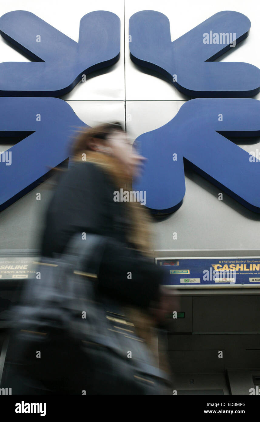 RBS branding outside a branch in Central London. Stock Photo