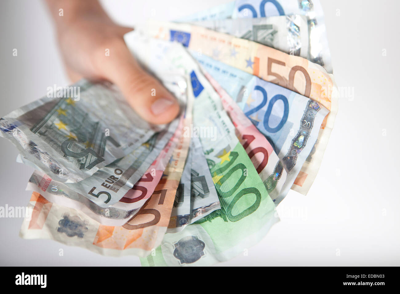 Illustrative image of various denomination Euro notes. Stock Photo