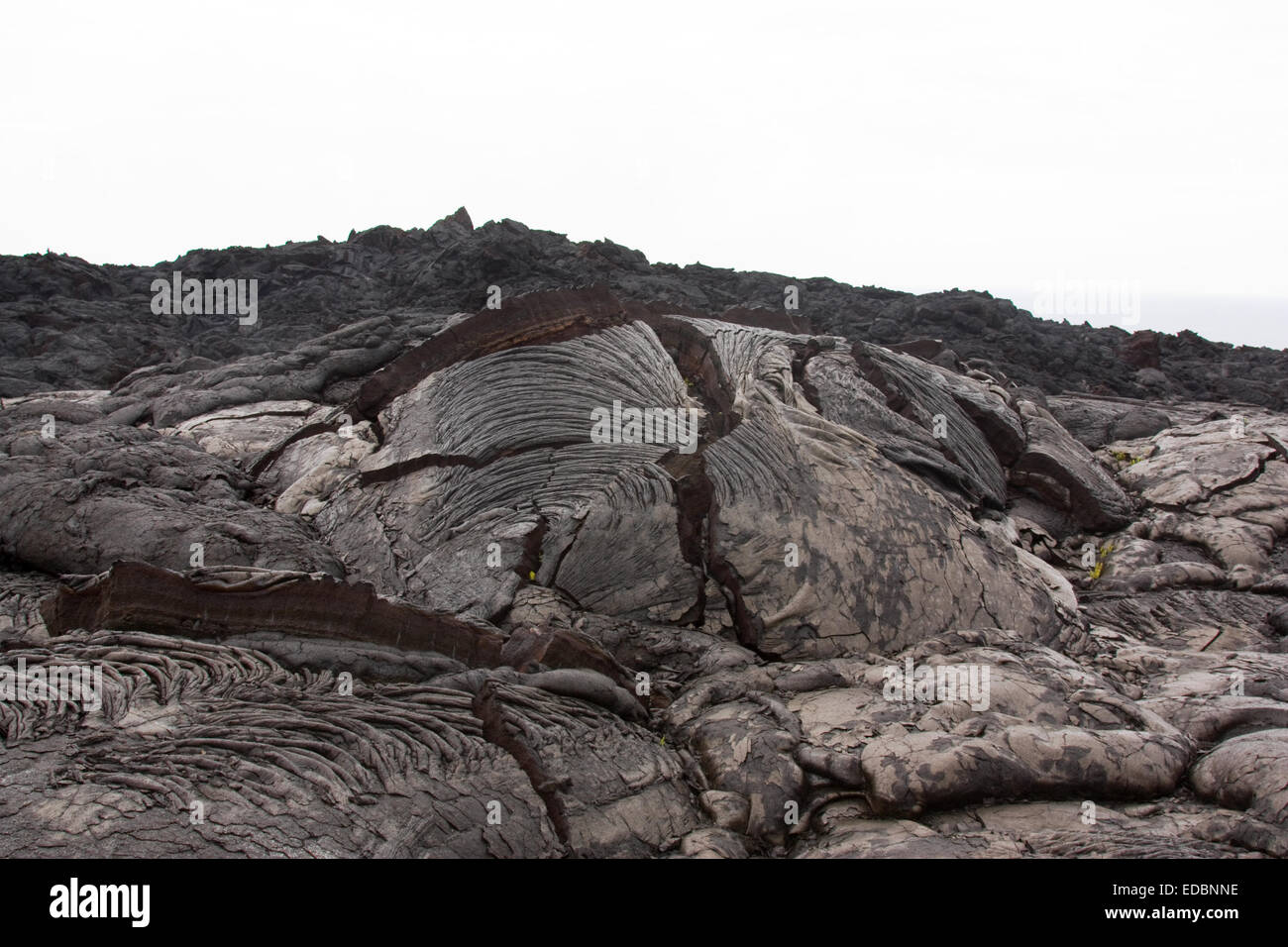 Pressure ridge (tumulus) with tension cracks and ropy surface of pahoehoe lava type Stock Photo