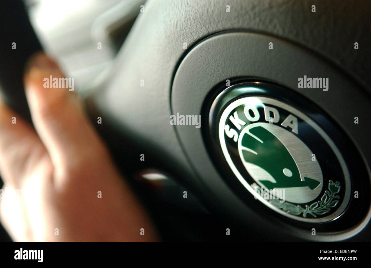 Skoda car steering with Skoda product logo. Stock Photo