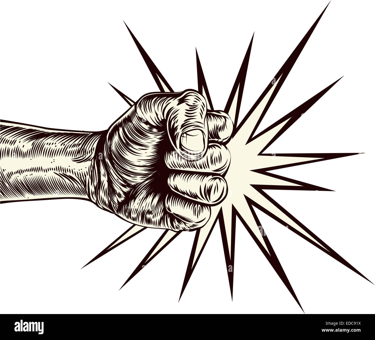 An original illustration of a fist punching in a vintage wood cut style Stock Photo