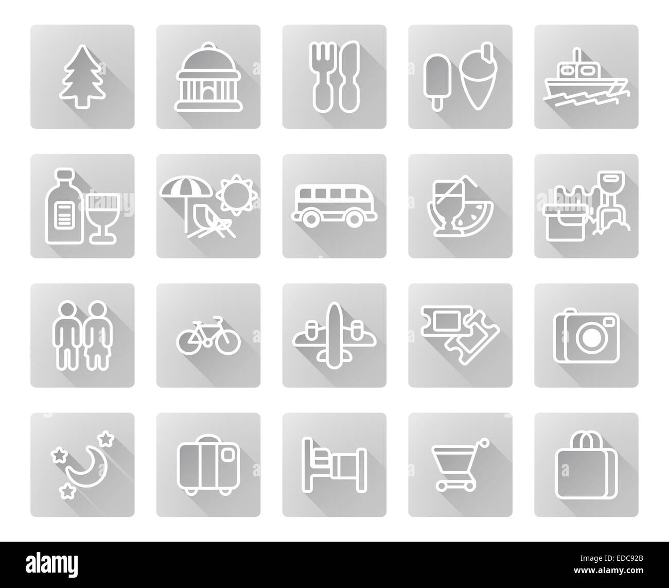 Travel and tourism icon set including icons for nightlife, museums, dining, beaches and may more Stock Photo