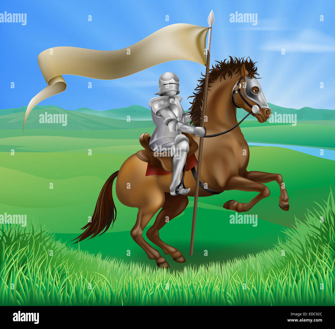A medieval knight in armor riding on horseback on a brown horse holding ...