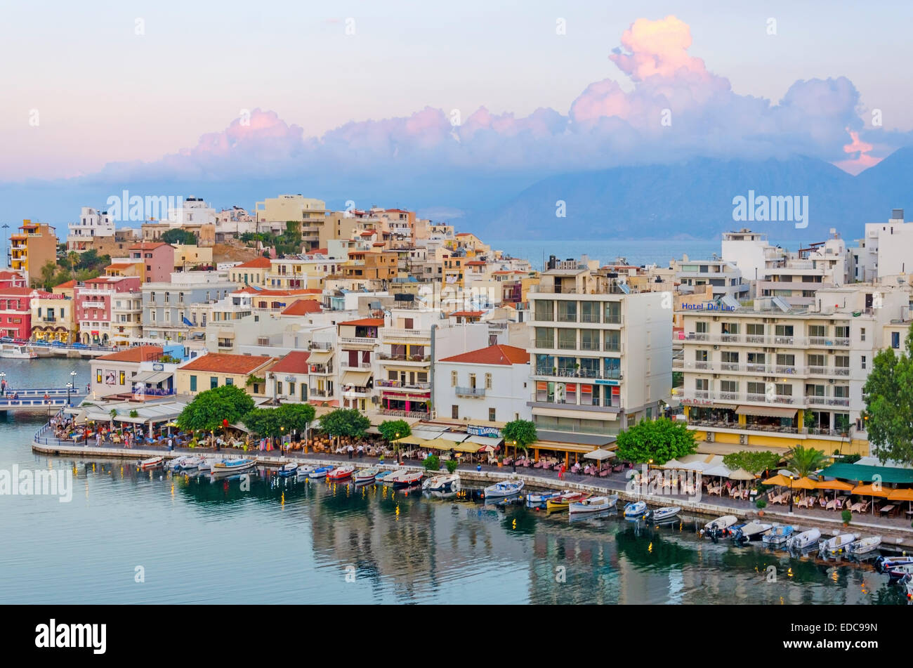 View of Lake Voulismeni in Agios Nikolaos, Crete, Greece Stock Photo