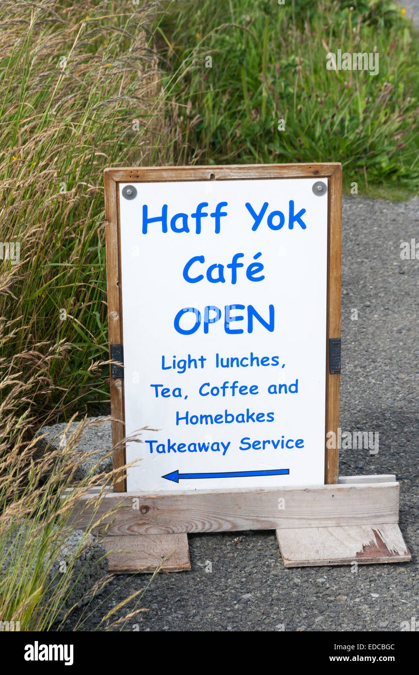 A sign for the Haff Yok cafe in Pierowall on Westray in the Orkney islands. Stock Photo
