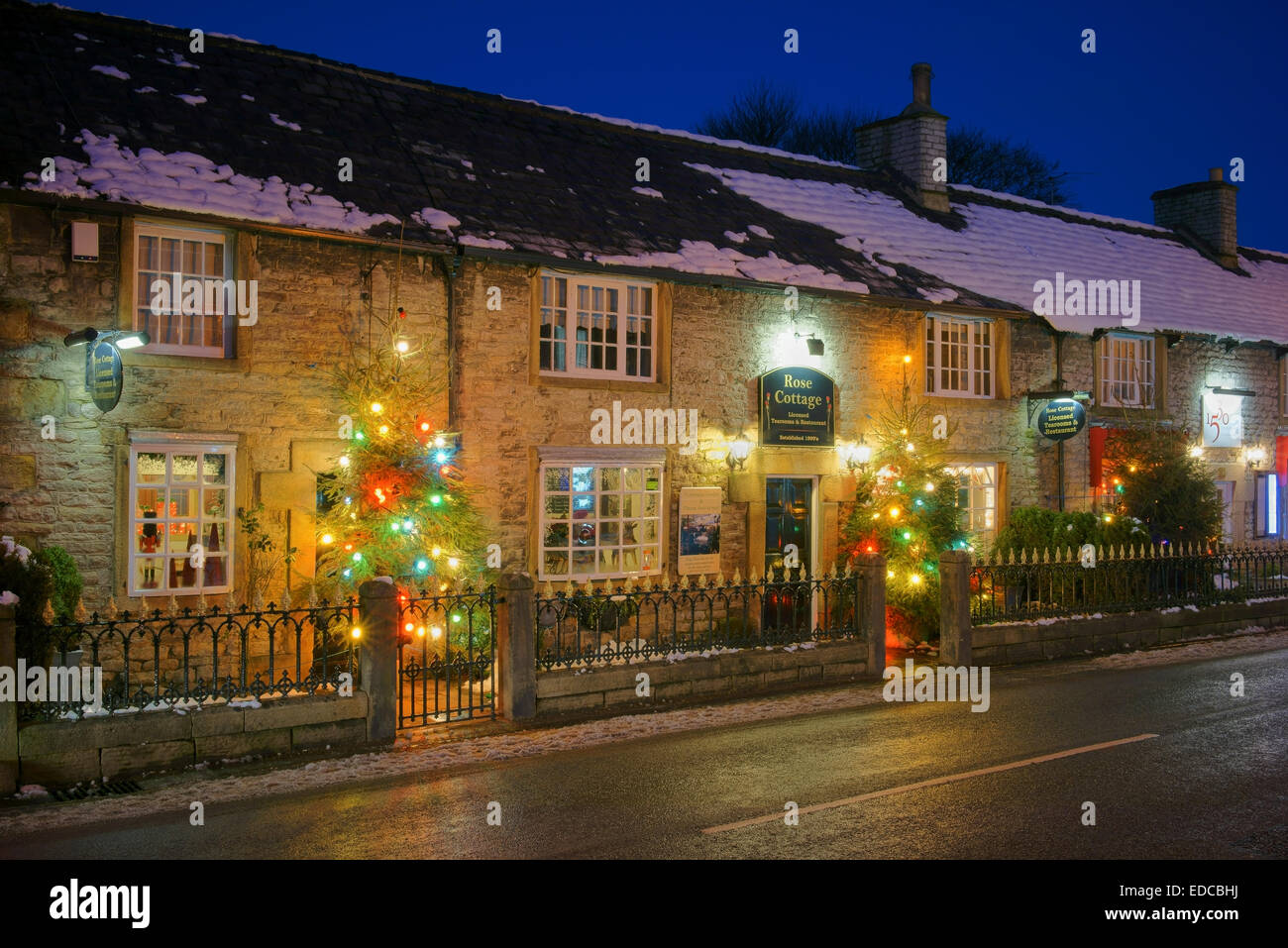 UK,Derbyshire,Peak District,Castleton Christmas Lights Stock Photo