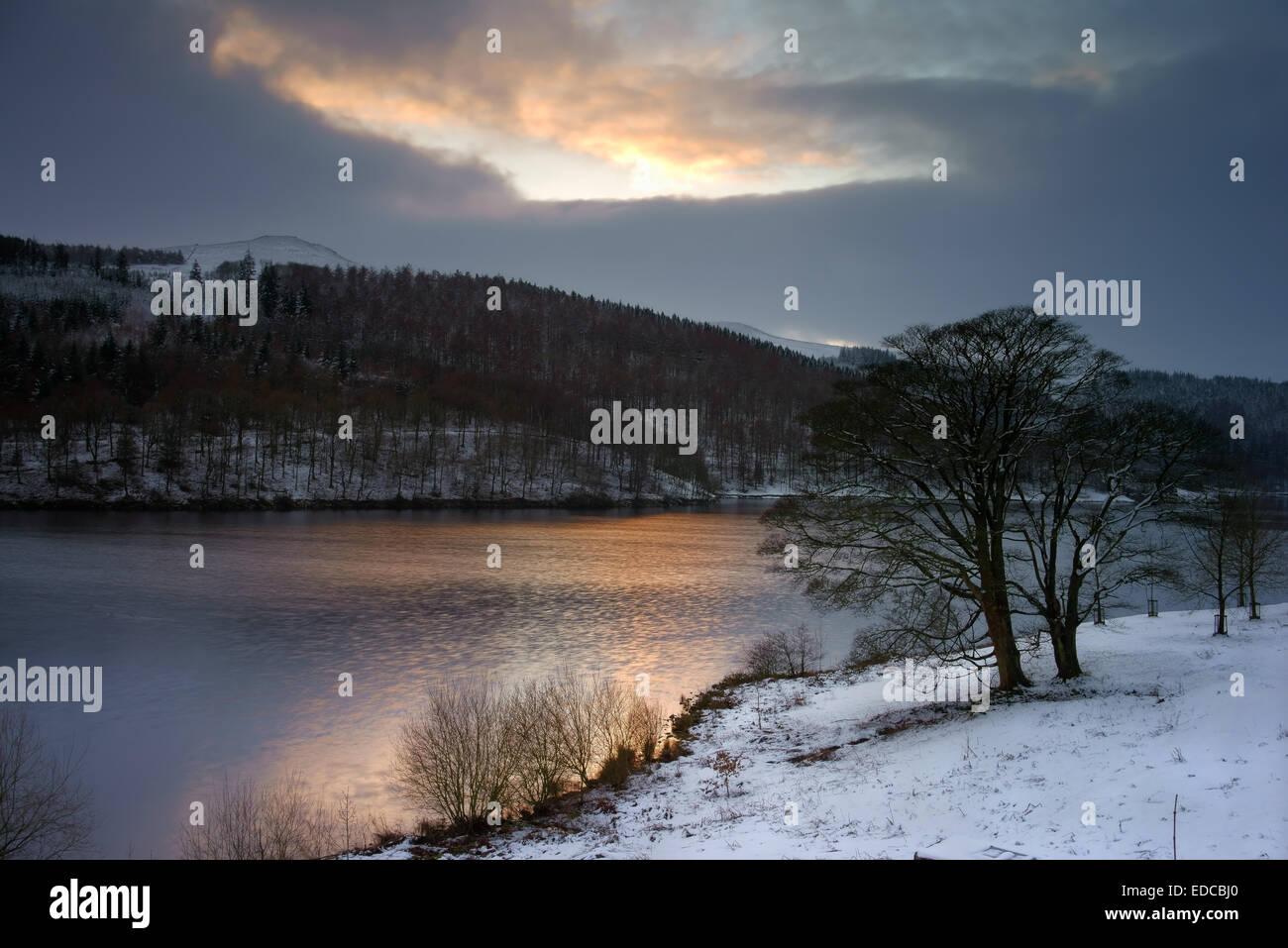 UK,Derbyshire,Peak District,Ladybower Reservoir and Win Hill after Snowfall Stock Photo