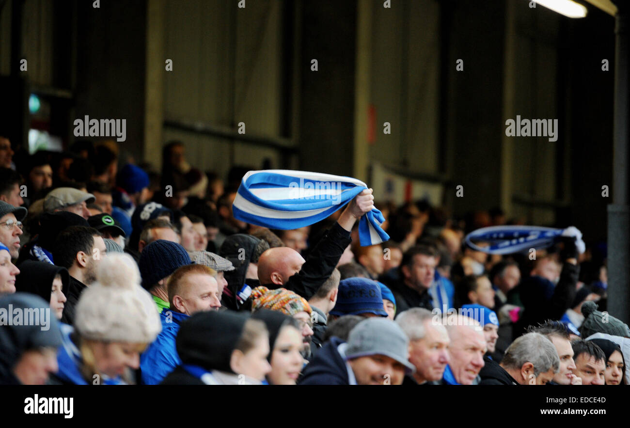 Football fans waving their scarves at Brighton and Hove Albion match Stock Photo