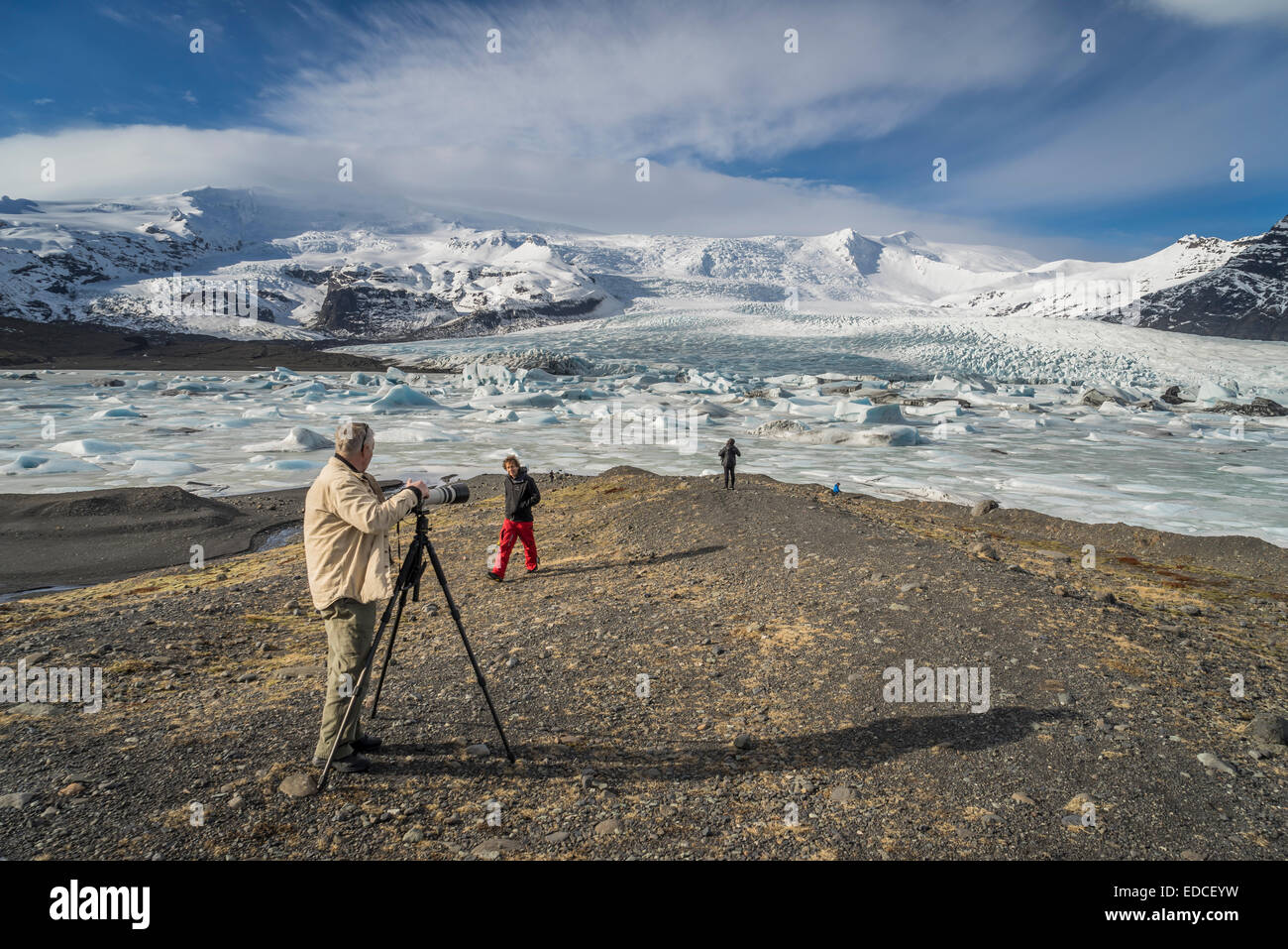 Taking pictures at the Fjallsarlon Glacial Lagoon, Iceland Stock Photo