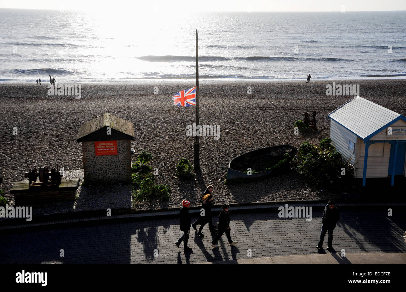 Union Flag at half mast outside the Brighton Fishing Museum in respect to Andy Durr who recently died  January 2015 Stock Photo