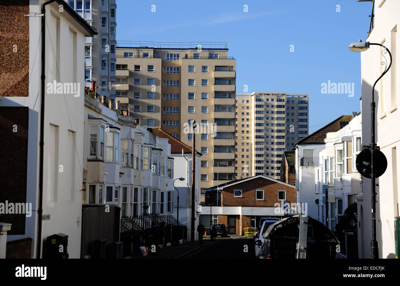 Council blocks of flats in amongst the Victorian Terraced Houses of Kemp Town Brighton UK Stock