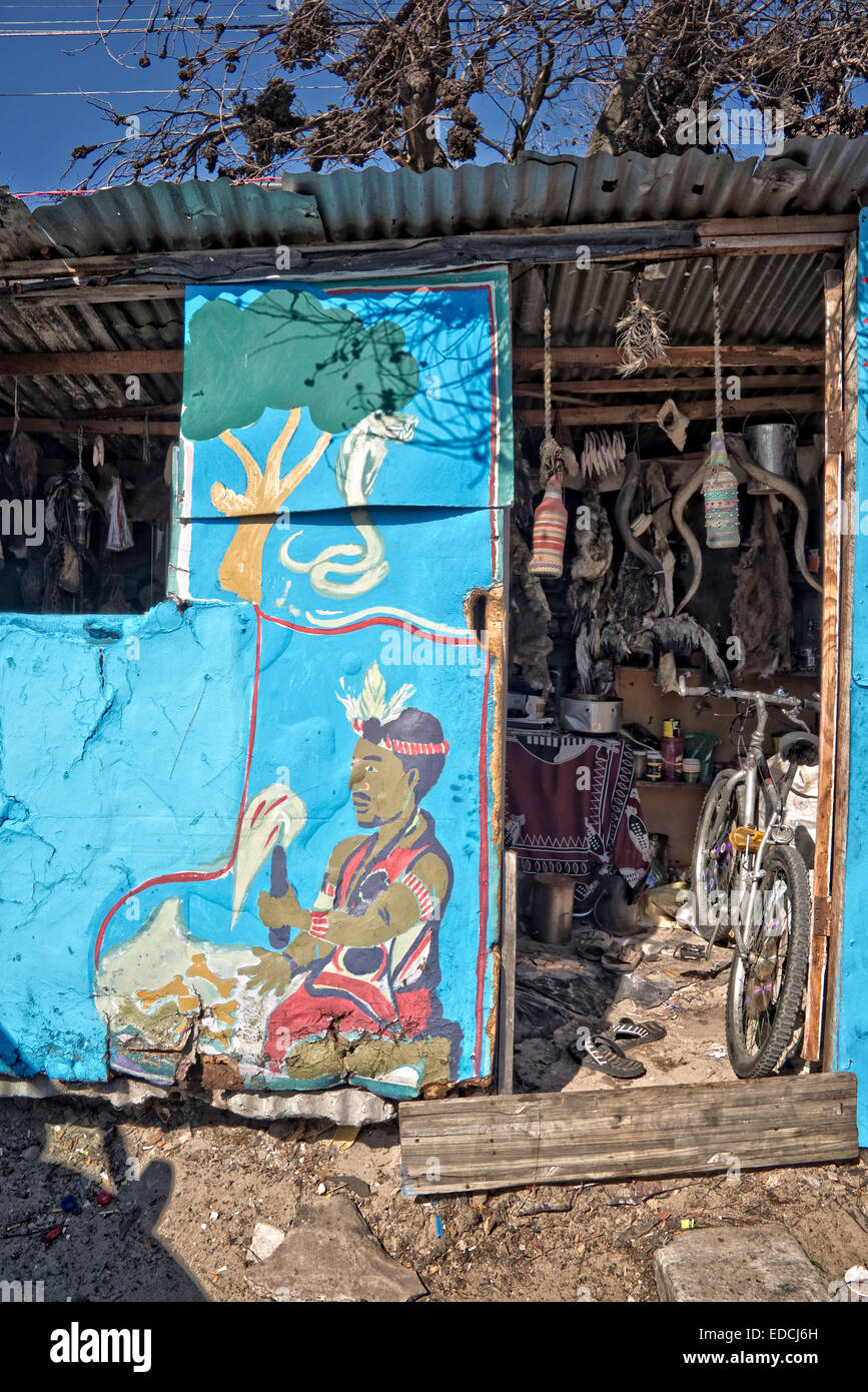 Traditional healer house in the township of Khayelitsha, reputed to be the largest and fastest growing township in South Africa. Stock Photo