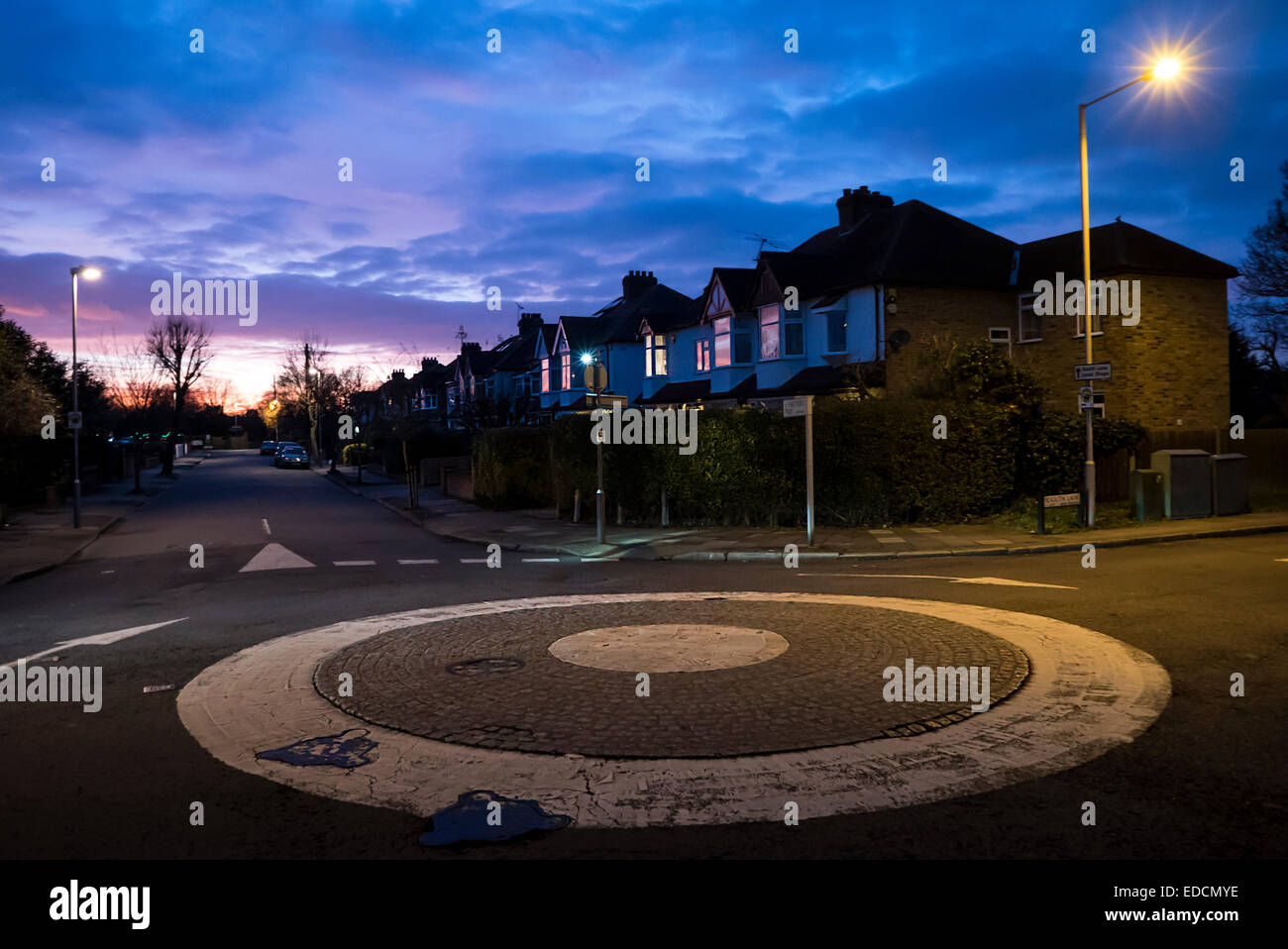 General View of the UK Roundabout, residential area in the evening, houses present Stock Photo