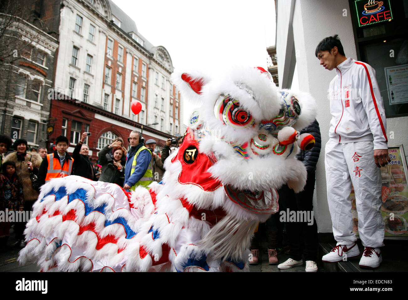 LONDON - January 29, 2012: Performers, lion dance, take part in the celebration of Chinese New Year. Various traditional perform Stock Photo