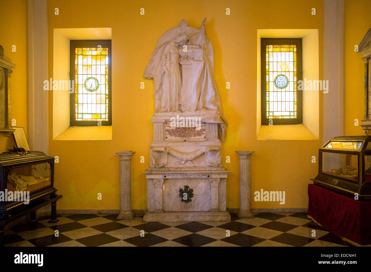 Grave of Spanish explorer and first governor of Puerto Rico, Juan Ponce de Leon inside Cathedral of San Juan Bautista, San Juan, Stock Photo