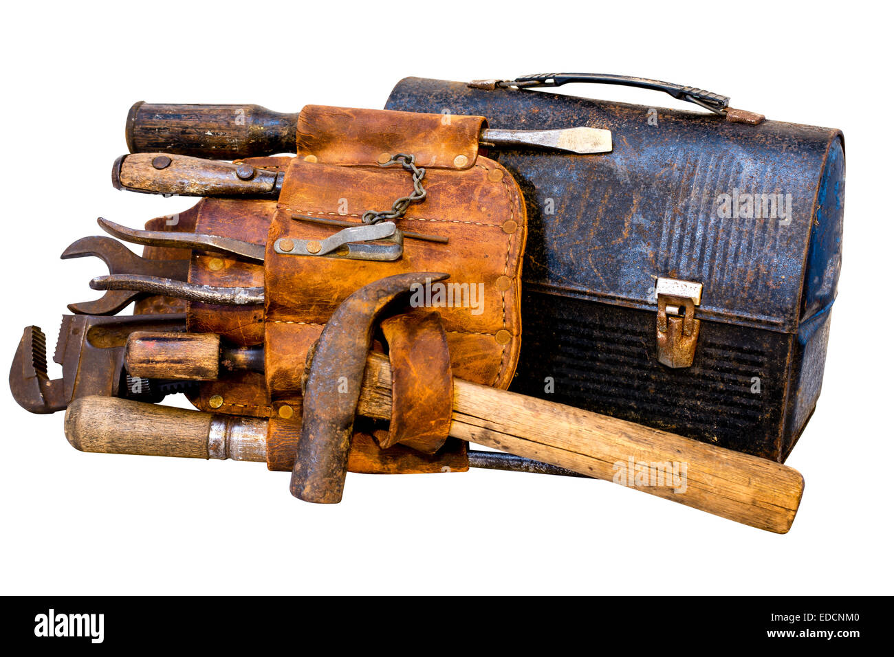 Vintage tools, tool belt, and lunch box isolated on white background