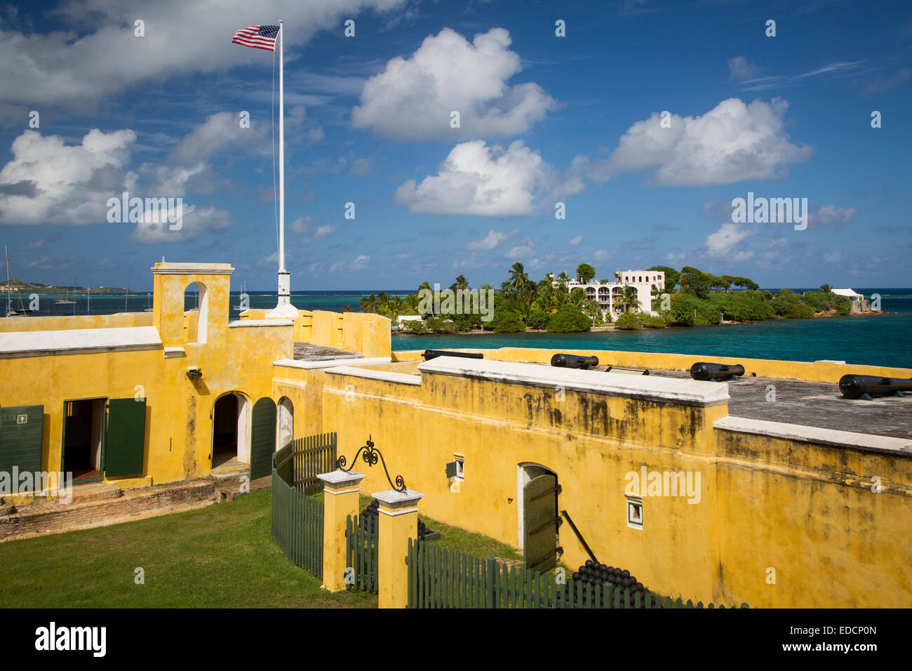 American flag flies over Fort Christiansvaern, Christiansted, St Croix, US Virgin Islands, West Indies Stock Photo